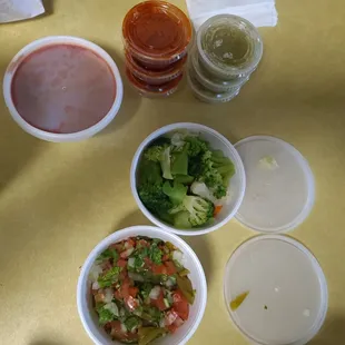 April 9, 2021 The veggies in the cup I assume the soup: broccoli, carrots, corn on cob(small), potato. Others were salsa then mild and spicy