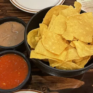 Chips, salsa, and bean dip
