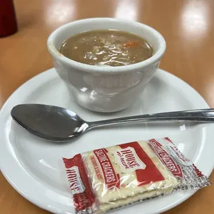 Side of soup, comes with taco plate! Beef barley, yumm