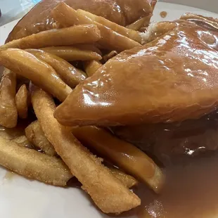 Hot Meat Loaf Sandwich with fries and gravy