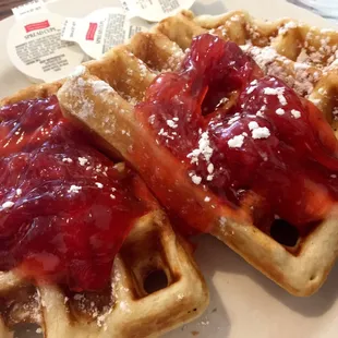 2 waffles with strawberry topping