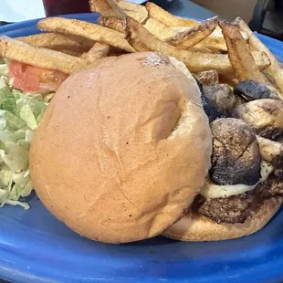a hamburger and fries on a blue plate