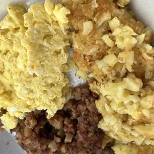 eggs, sausage and hash browns
