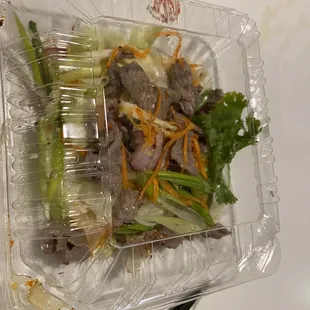 Beef salad cost $12.95. Looked just like someone ate it already and this is leftover
