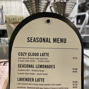 Seasonal menu