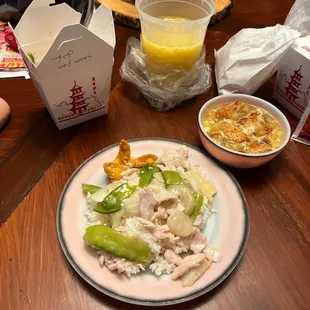 Snow Pea Chicken, Egg Flower Soup with crab puffs!  Comfort food after a long day of work! Yum!
