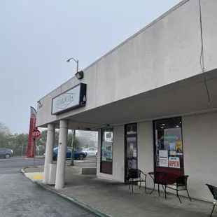 Store front with seating.