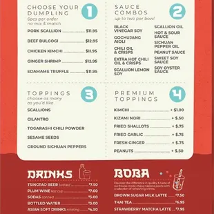 Build your own dumplings and drinks/sweets menu
