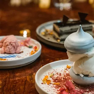 a plate of ice cream and dessert