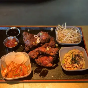 Half Korean Fried Chicken with Bonchan (~$24).