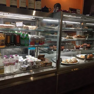 a display case filled with food