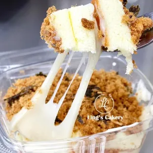 a piece of cake being lifted by a fork