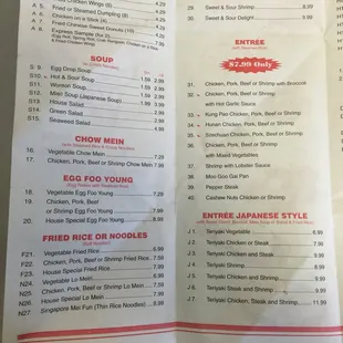 the menu of the restaurant