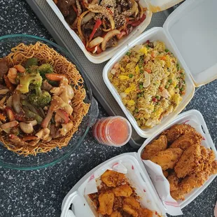 Mongolian Beef, Special Fried Rice, Fried Butter Garlic Chicken Wings, Combination Crispy Style Chow Mein, &amp; Deep Fried Calamari.