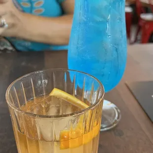a blue drink and a blue drink