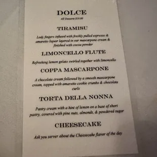 Dessert menu
