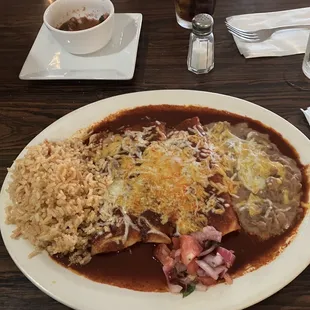 Before Cheese, enchiladas, rice, and beans
