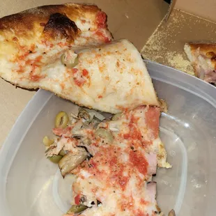 5/19 peeled off toppings - no sauce.