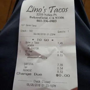 a receipt for a restaurant