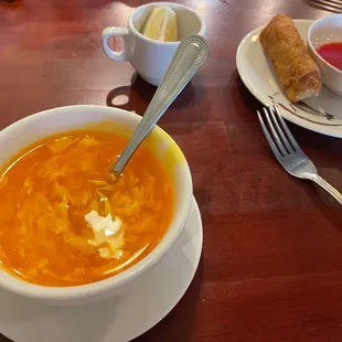 Egg drop soup and egg roll with sweet and sour sauce.  Delicious!