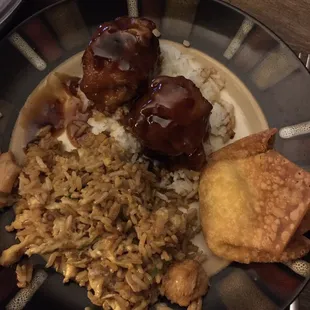 TSO chicken fried rice and crab Rangoon