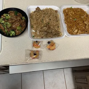 Beef and broccoli, beef fried rice and chicken with noodles. All was absolutely delicious.
