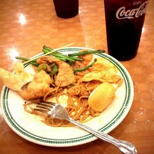 a plate of food and a drink