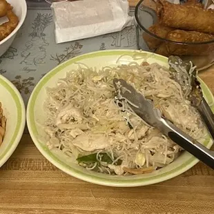 Sweet &amp; sour chicken (sauce on side), chkn lo mein, chkn rice noodles, orange chkn, egg rolls, s&amp;s sauce on the side.