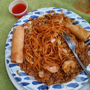 Shrimp fried rice with Shrimp Lo Mein and Spring rolls.
