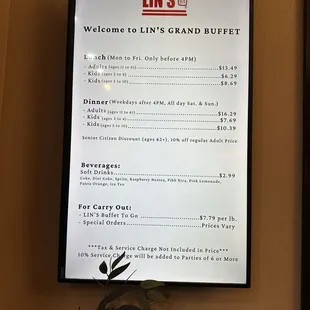 Menu / Prices of buffet