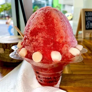Small Strawberry Shave Ice with Lilikoi Mochi Balls.