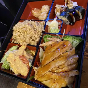 a bento box of food