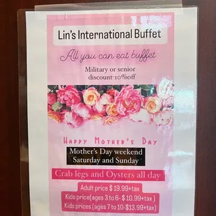 $3 more for adult and $4 more for kids for Mother's Day weekend.