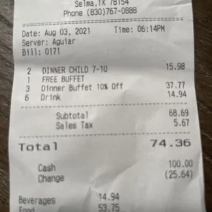 My receipt for Lins on the first and last visit