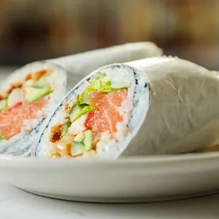 a plate of sushi rolls