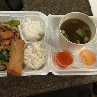 Chicken with Mixed Vegetables, Spring Roll, and Vegetable Soup!