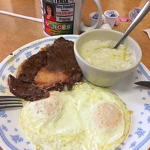 Steak, Eggs, Grits and Coffee $10.