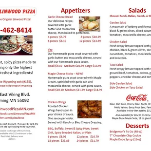 Current menu as of 09-01-21: Appetizers, Salads, Desserts