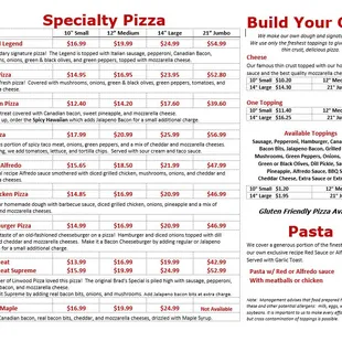 Current menu as of 09-01-21: Specialty and Build your own pizzas, Pasta.