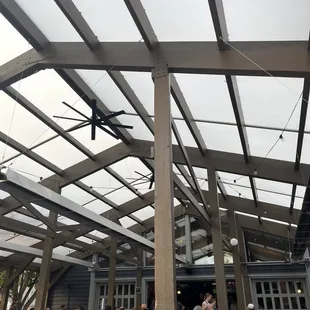 a group of people sitting under a roof