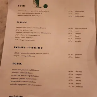 Wines by the glass. There&apos;s also a 3 page wine list by the bottle (1/30/24)