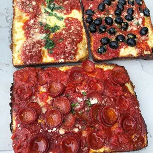 Pepperoni Pie ($7), Plain ($5), Olives ($7)