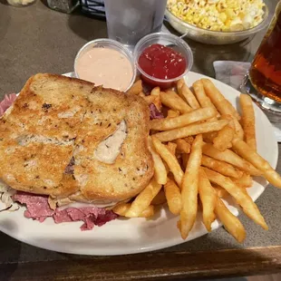 Reuben with a buttery crust and excellent fries.