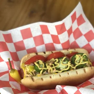 a hot dog in a basket