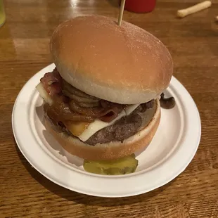 Mushroom &amp; Swiss burger. Plus I added bacon.