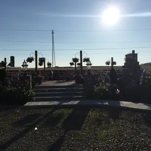 the sun shining over a cemetery