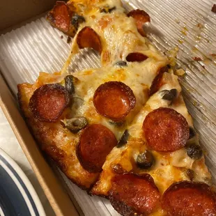 Pepperoni, onion, black olive, pineapple pizza.