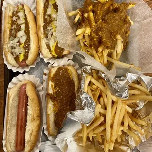 Coney dogs, plain dog, chili cheese dog, and fries
