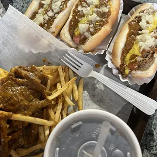 Coney dogs with cheese, combo dog, chili cheese fries and a root beer $20