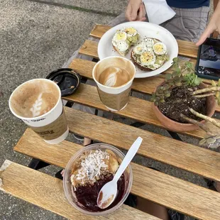 Cafe Latte Acai Bowl and bagel with egg and avocado )